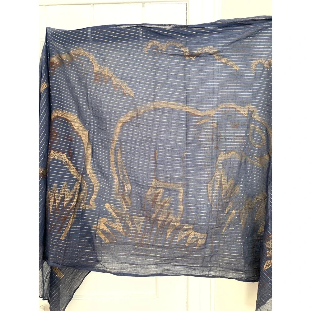Navy Blue 100% Cotton Scarf Gold Elephant Print 44x68 Sheer Boho Wrap